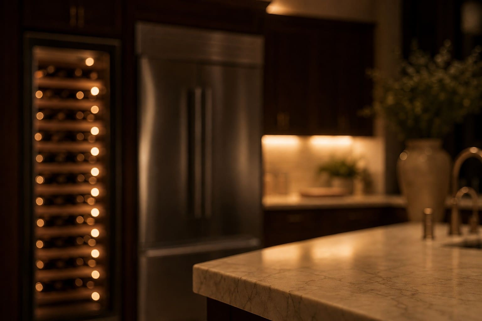 Modern Redwood Shores bayfront kitchen at dusk near the water