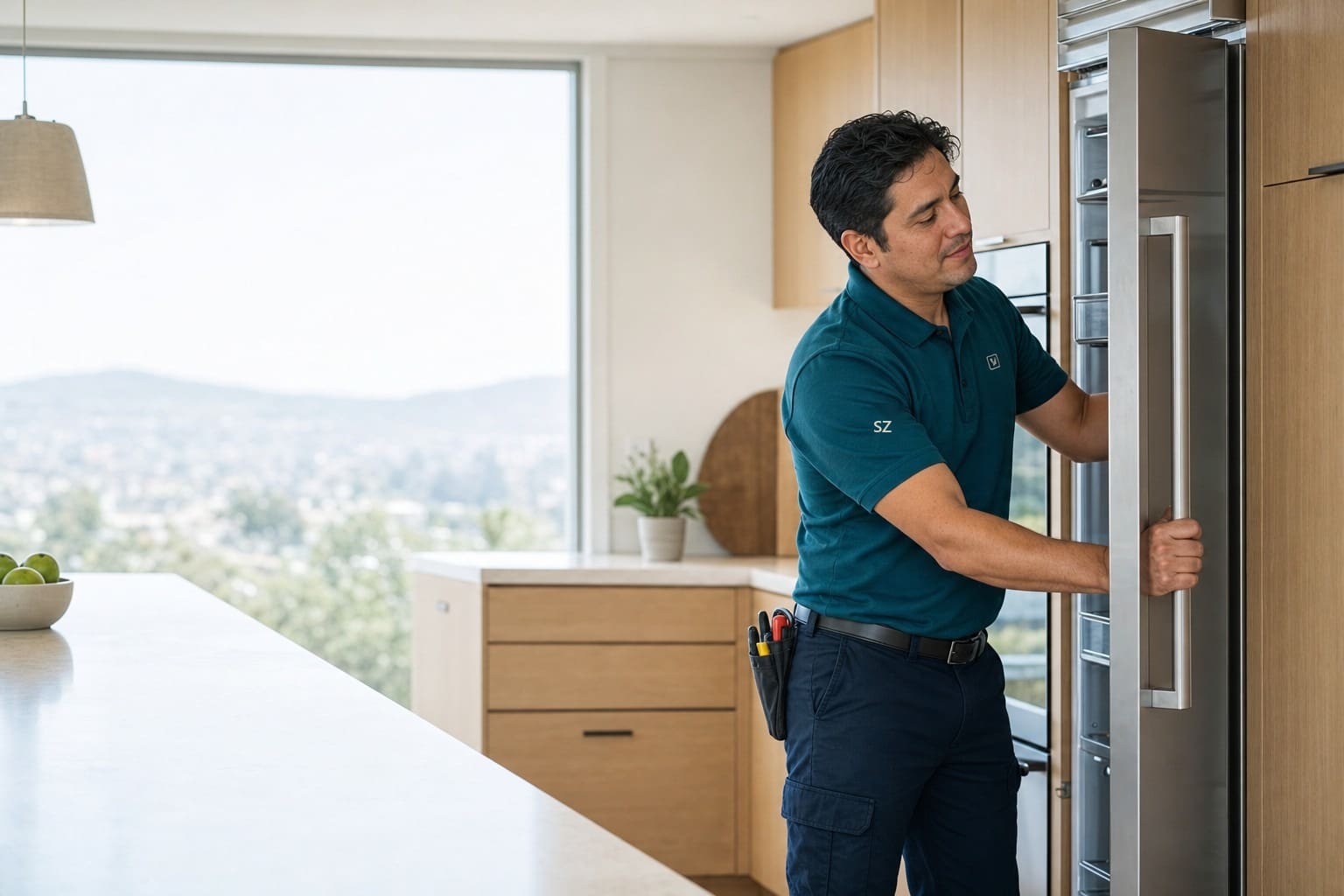 Sub-Zero technician opening a built-in refrigerator in a bright Redwood City Peninsula kitchen