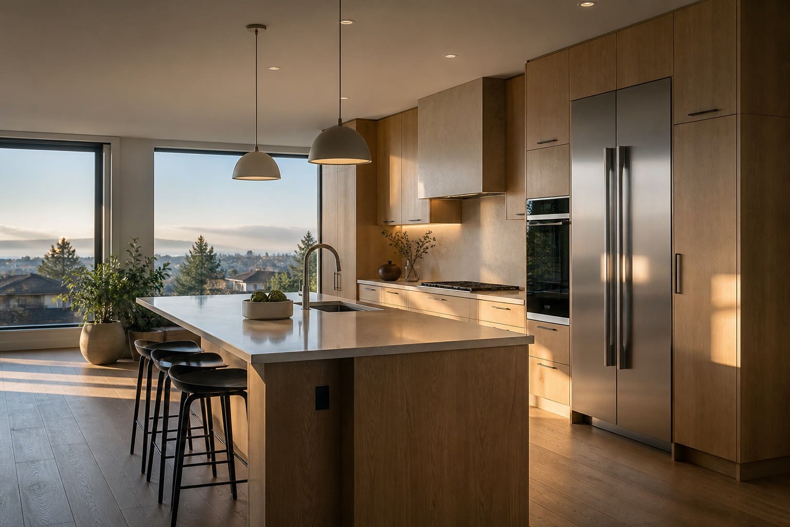 Upscale Redwood City Peninsula kitchen with built-in refrigeration in soft evening light