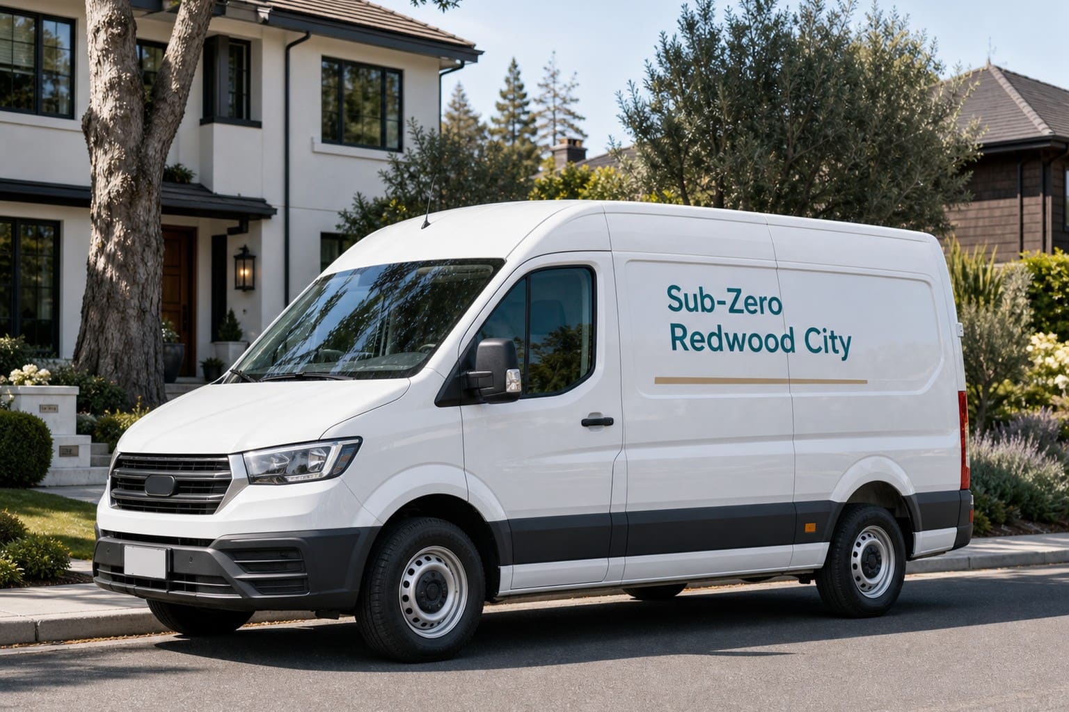 Service van parked at an Emerald Hills hillside estate in Redwood City