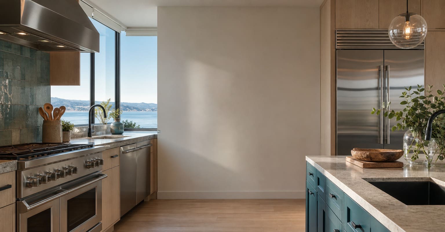 Upscale Redwood City kitchen with built-in refrigeration