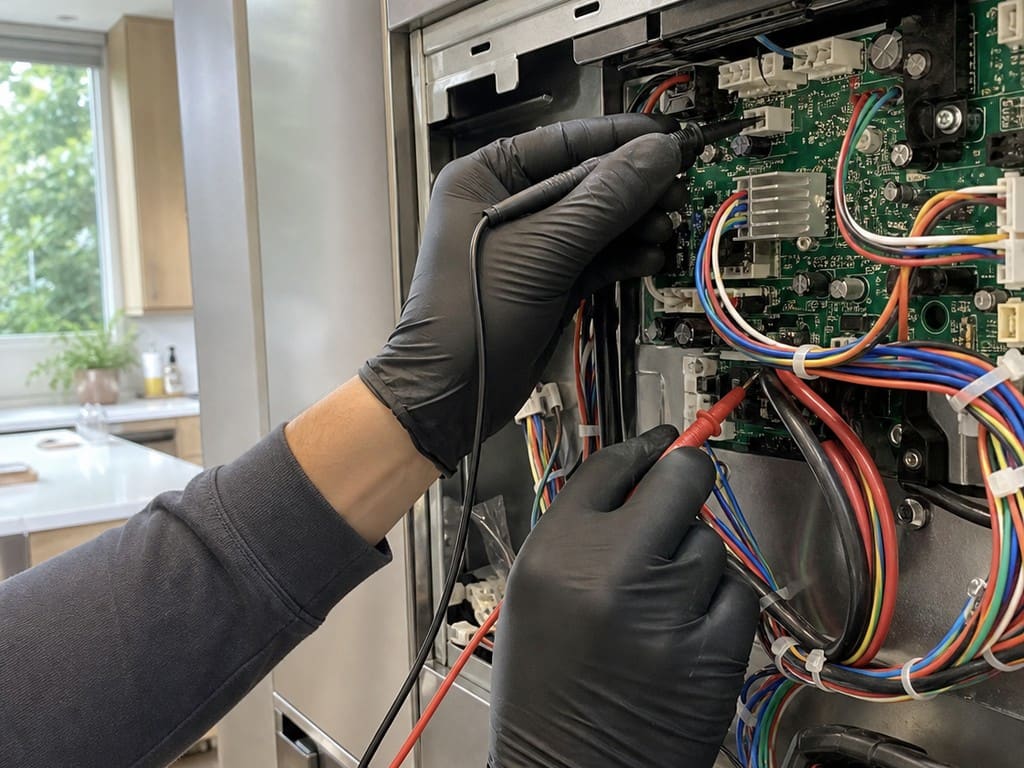 Technician testing the control board of a built-in Sub-Zero in a Redwood City kitchen