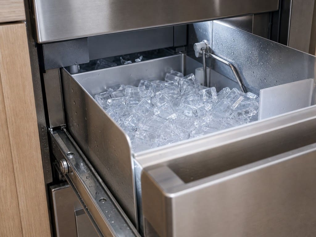 Built-in Sub-Zero freezer drawer with a clear-ice maker full of ice in a Redwood City kitchen