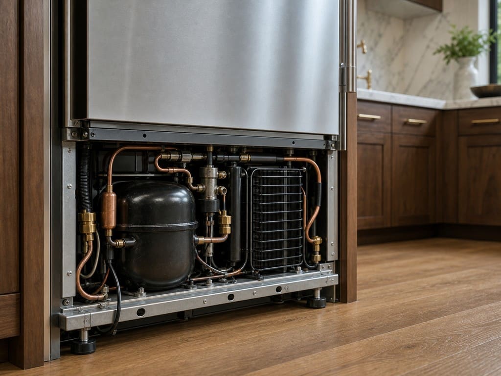 Sealed-system mechanical area of a Sub-Zero PRO 48 built-in refrigerator in Redwood City