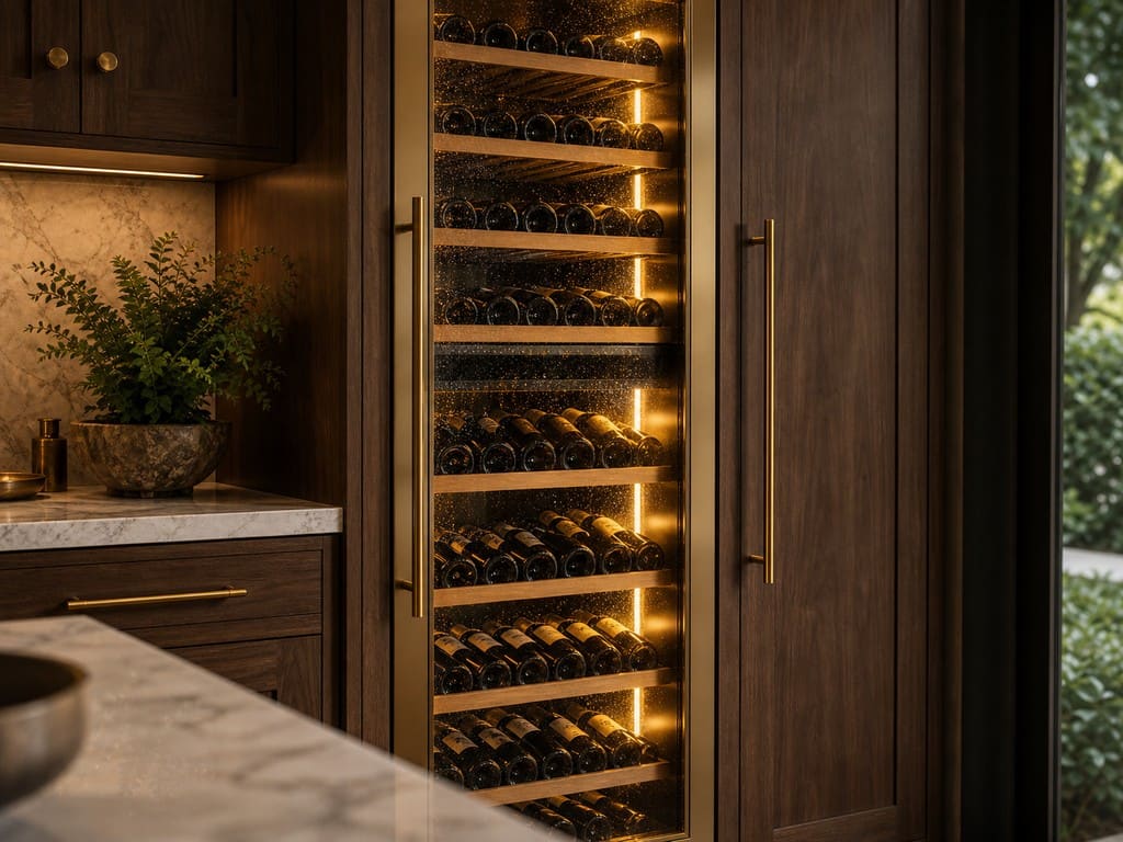 Built-in Sub-Zero wine storage column stocked with bottles in an Emerald Hills estate kitchen