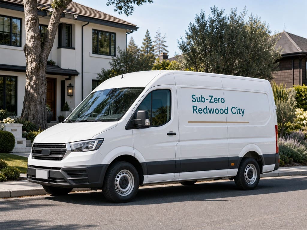 Sub-Zero Redwood City service van on a tree-lined Peninsula residential street