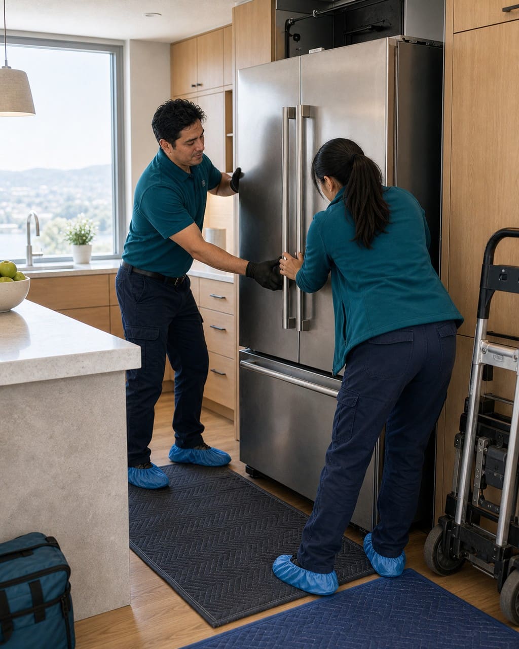 Two Sub-Zero technicians carefully sliding a built-in refrigerator out of its cabinet in a Redwood City kitchen