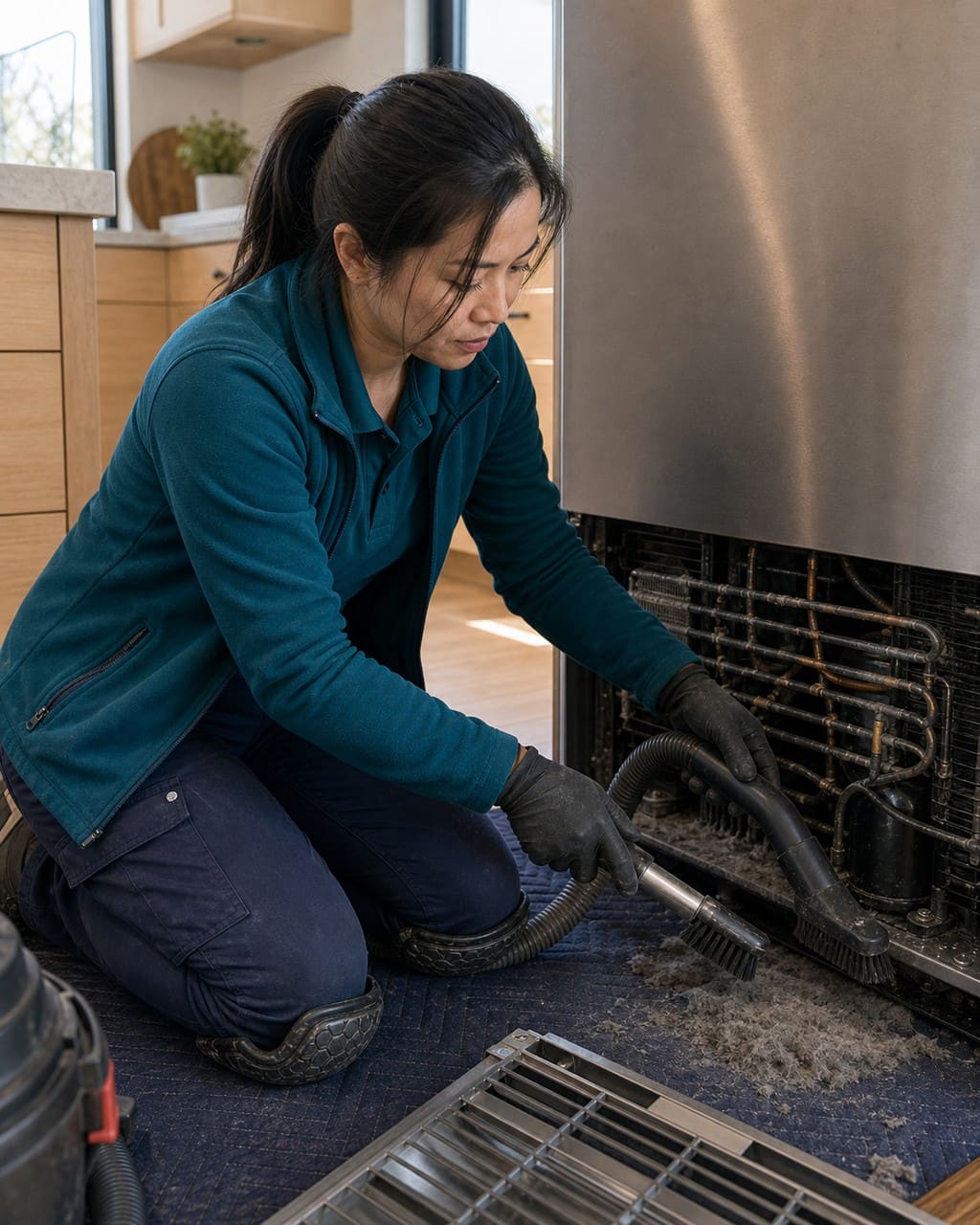 Technician cleaning the condenser of a built-in Sub-Zero during a maintenance visit in Redwood City
