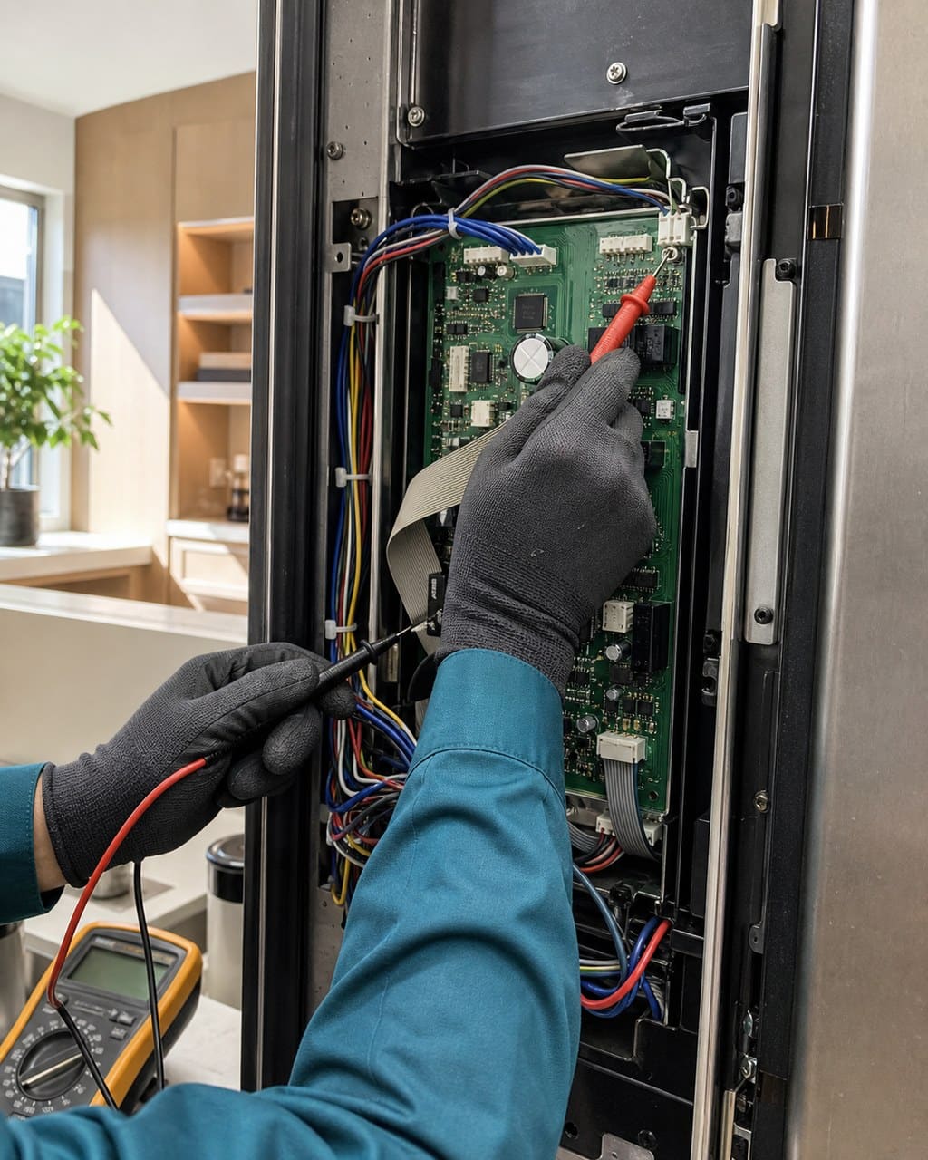 Multimeter on a Sub-Zero control board during a Redwood City diagnosis