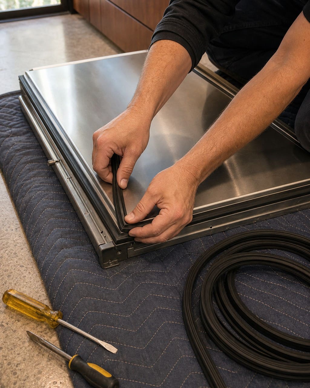 Technician fitting a new door gasket to a built-in Sub-Zero refrigerator in Redwood City