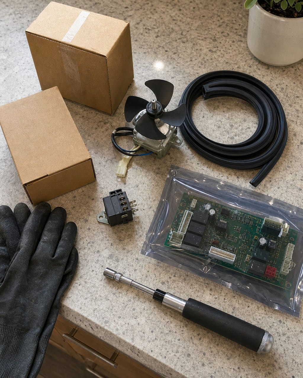 Genuine OEM Sub-Zero ice maker and valve parts on a counter in Redwood City