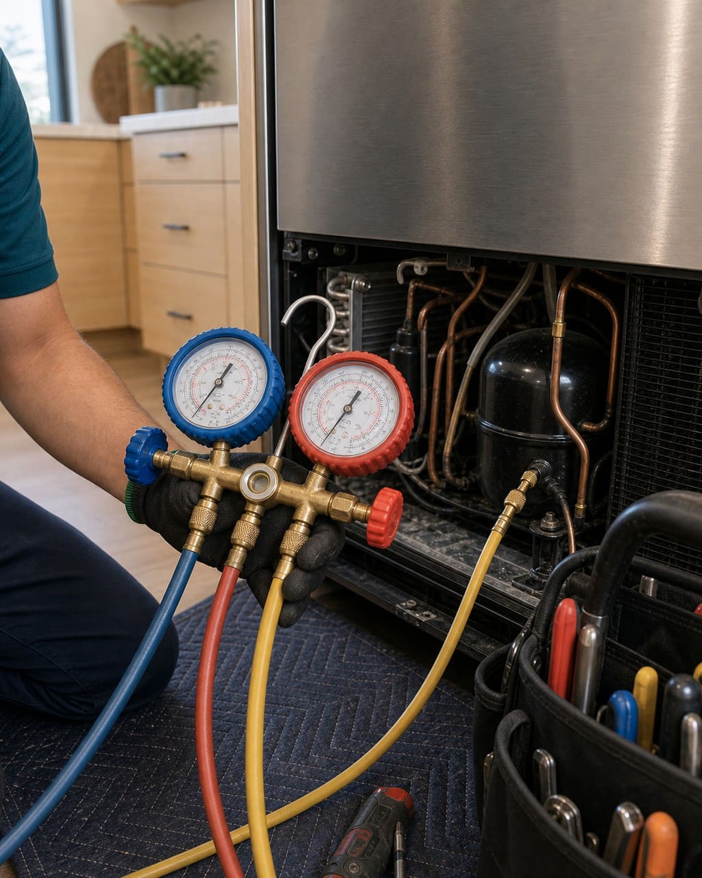 Refrigeration gauges and a thermistor reading taken on a built-in Sub-Zero freezer evaporator in Redwood City