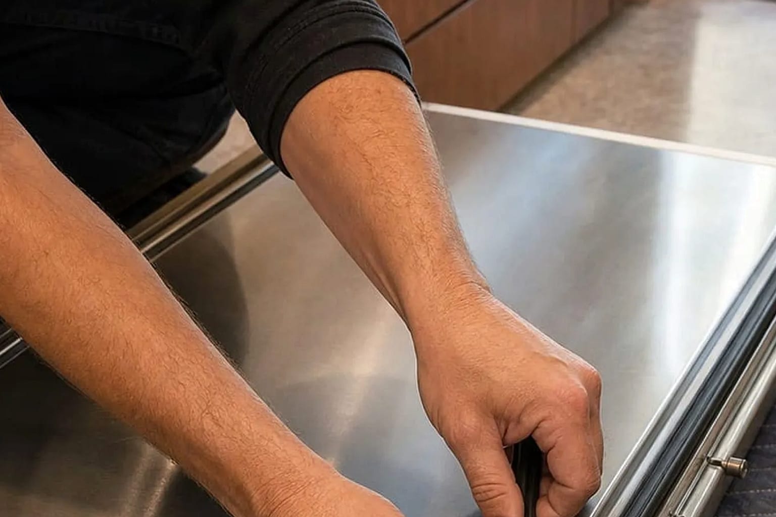 Interior LED light panel inside a Sub-Zero refrigerator being checked in a Redwood City kitchen